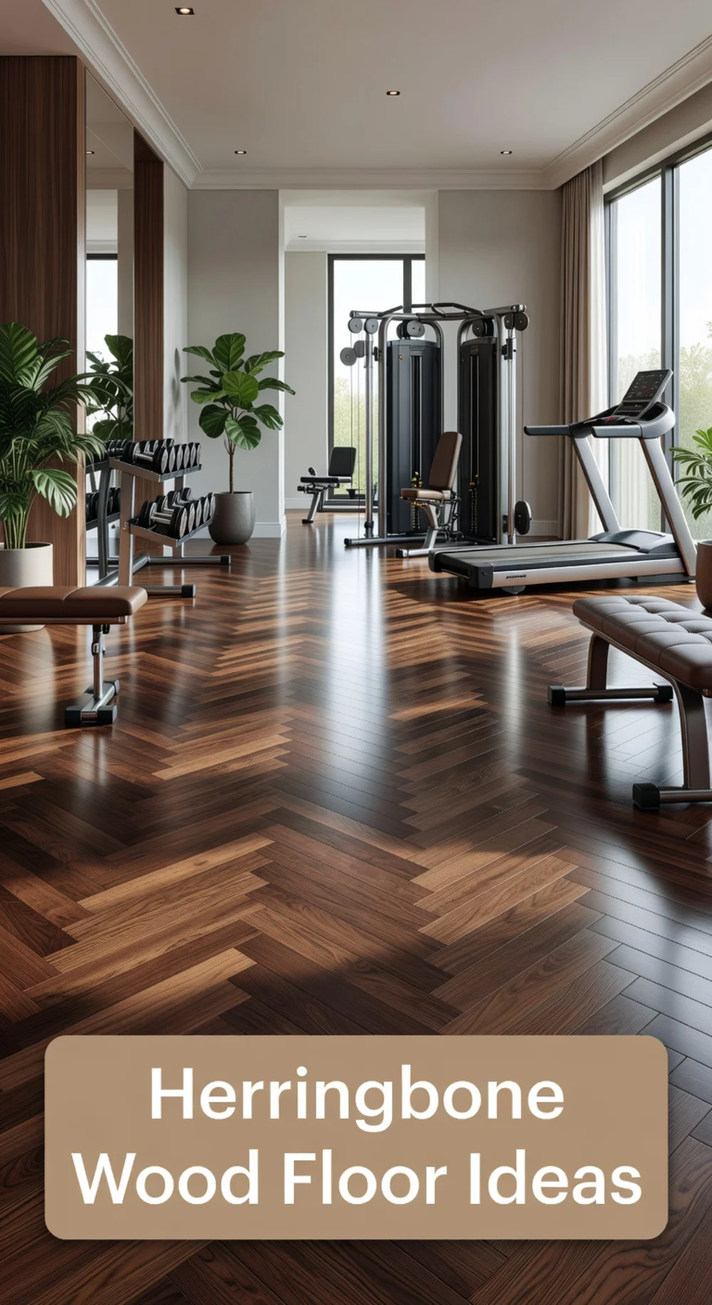 Luxury Home Gym Herringbone Wood Floor That Rivals a Boutique Fitness Studio