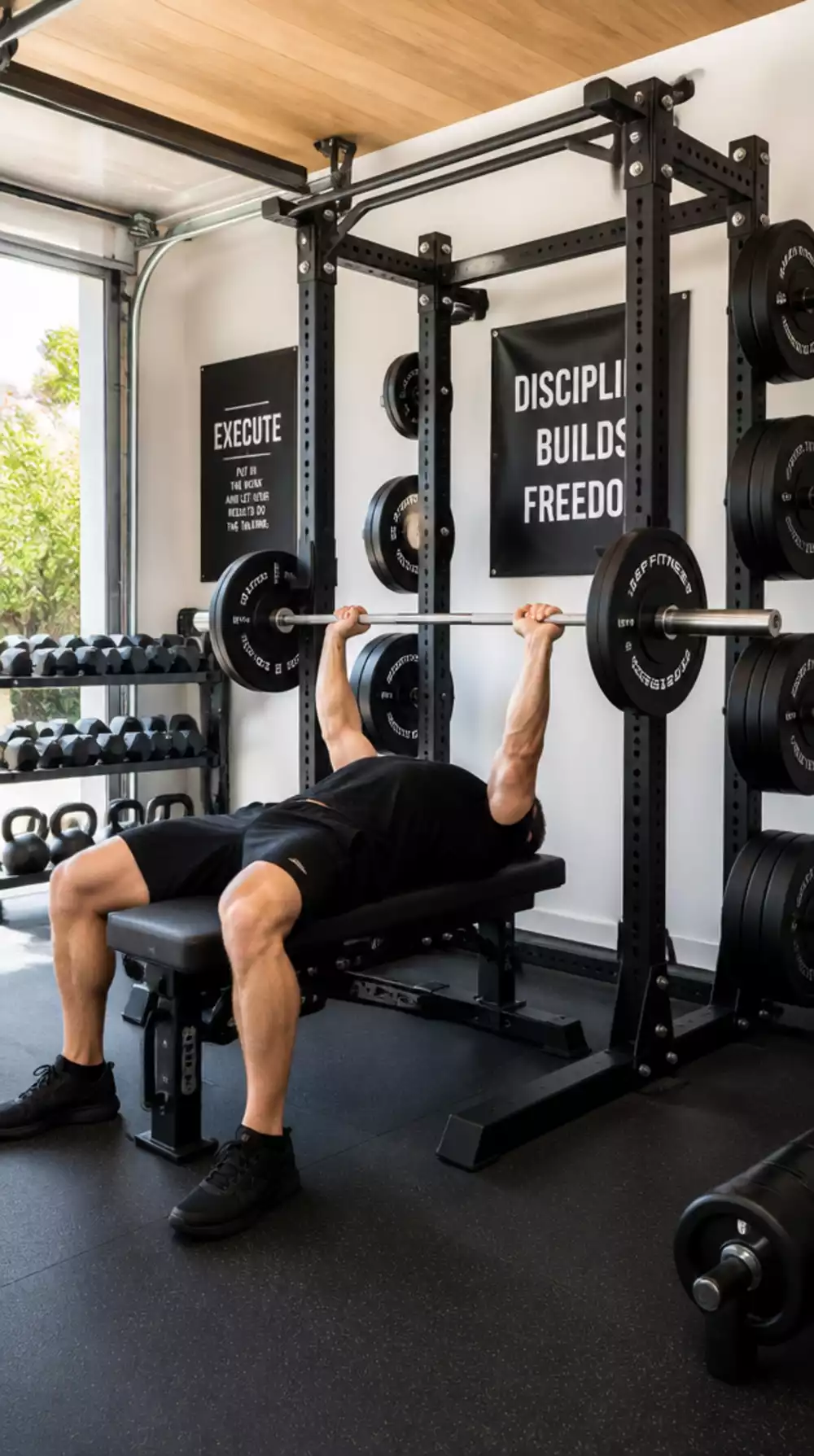 Home Gym Olympic Bench with Integrated Rack for a Self-Contained Pressing Station