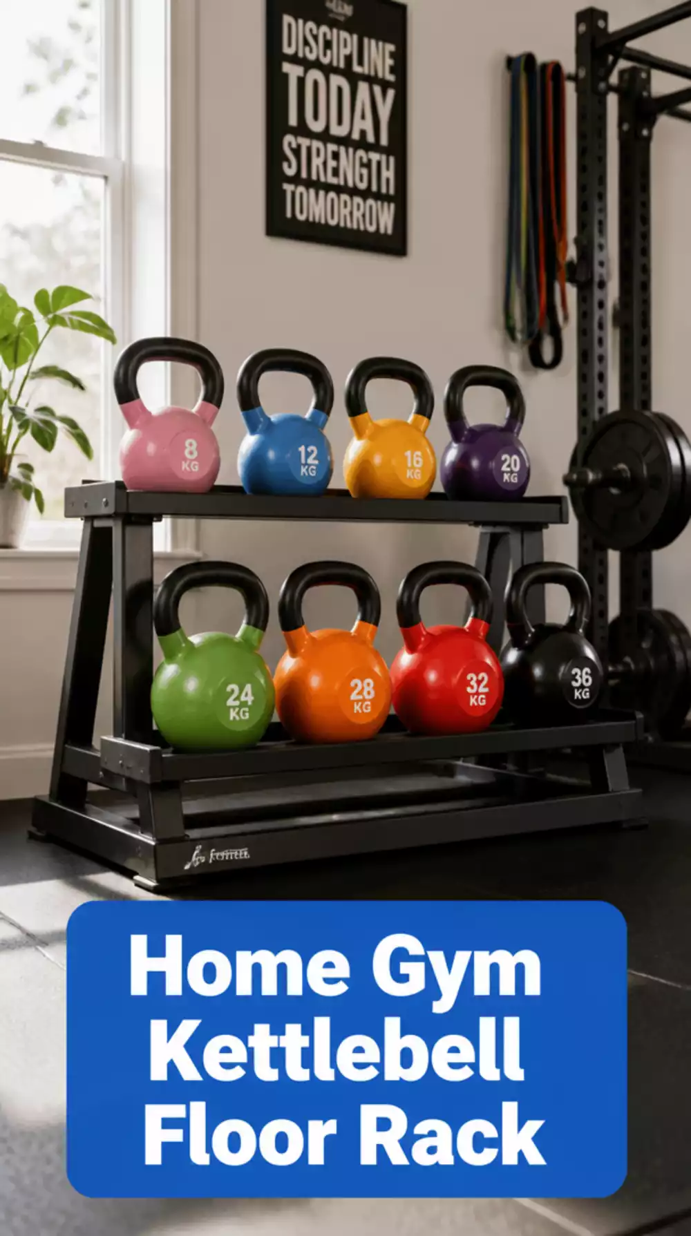 Home Gym Kettlebell Floor Rack That Displays Weights and Protects the Floor