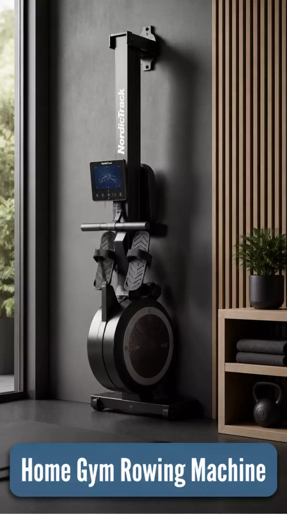 Home Gym Rowing Machine That Folds Vertically Against the Wall After Use