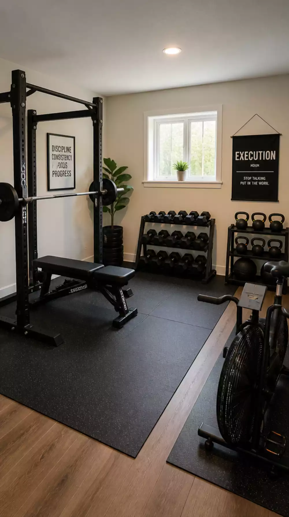 Home Gym Warm White Wall Paint That Opens Up a Small Workout Room