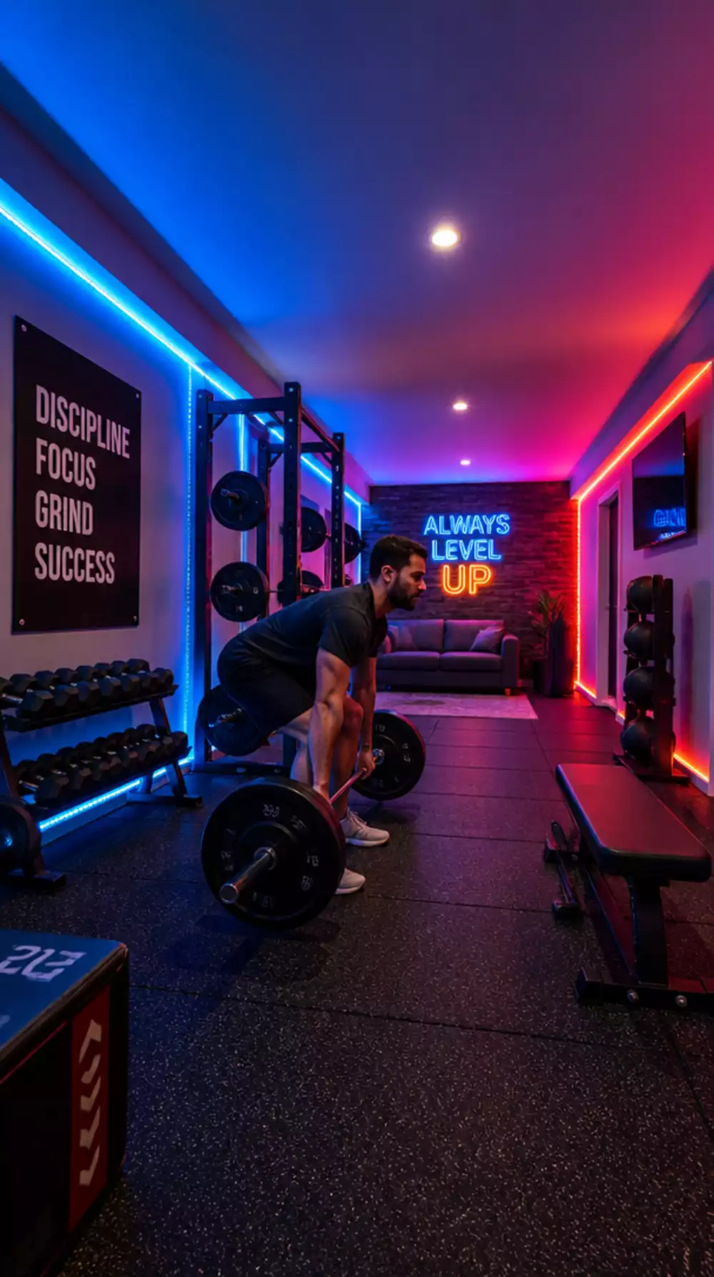 Basement Gym LED Strip Lighting That Replaces the Need for Natural Light