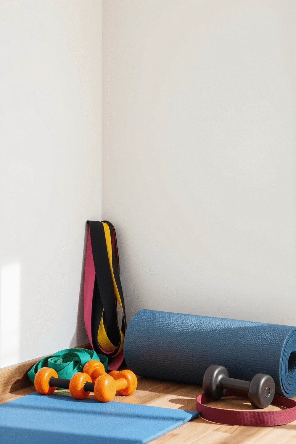 Various fitness accessories like resistance bands, dumbbells, and a yoga mat neatly arranged in a home gym corner