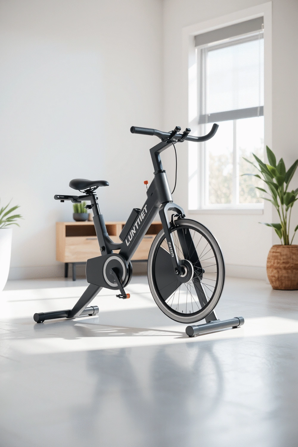 Modern stationary bike in a clean, minimalist home gym setting.