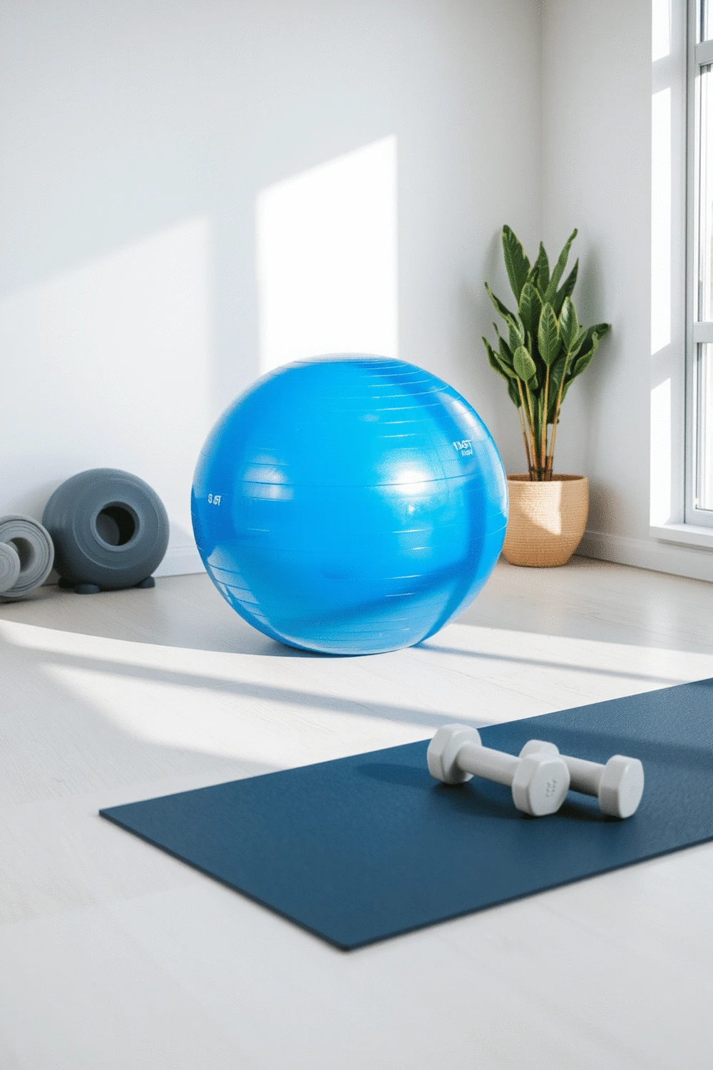A vibrant blue exercise ball positioned in a minimalist home gym setting with natural light, alongside a yoga mat and light dumbbells.