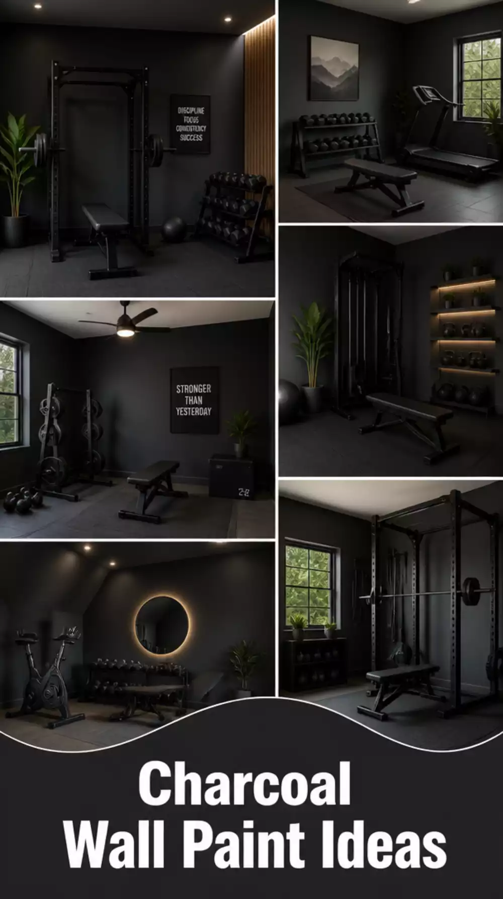 Home Gym Charcoal Wall Paint That Creates High Contrast with Matte Black Equipment