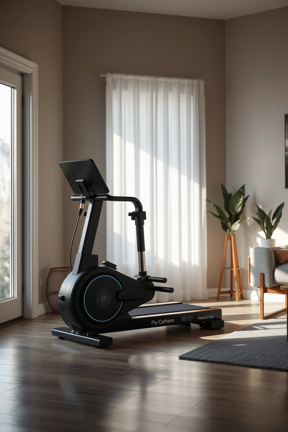 Compact, multi-functional smart fitness machine with a digital display, showcasing its versatility and space-saving design in a contemporary home setting.
