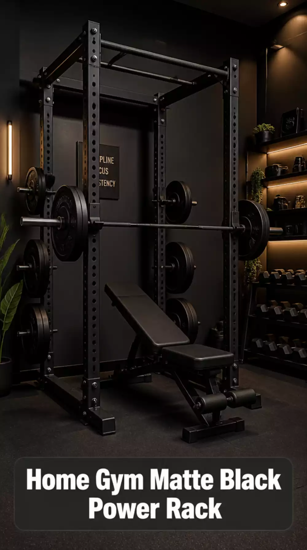 Home Gym Matte Black Power Rack That Anchors a Dark Luxury Gym Aesthetic