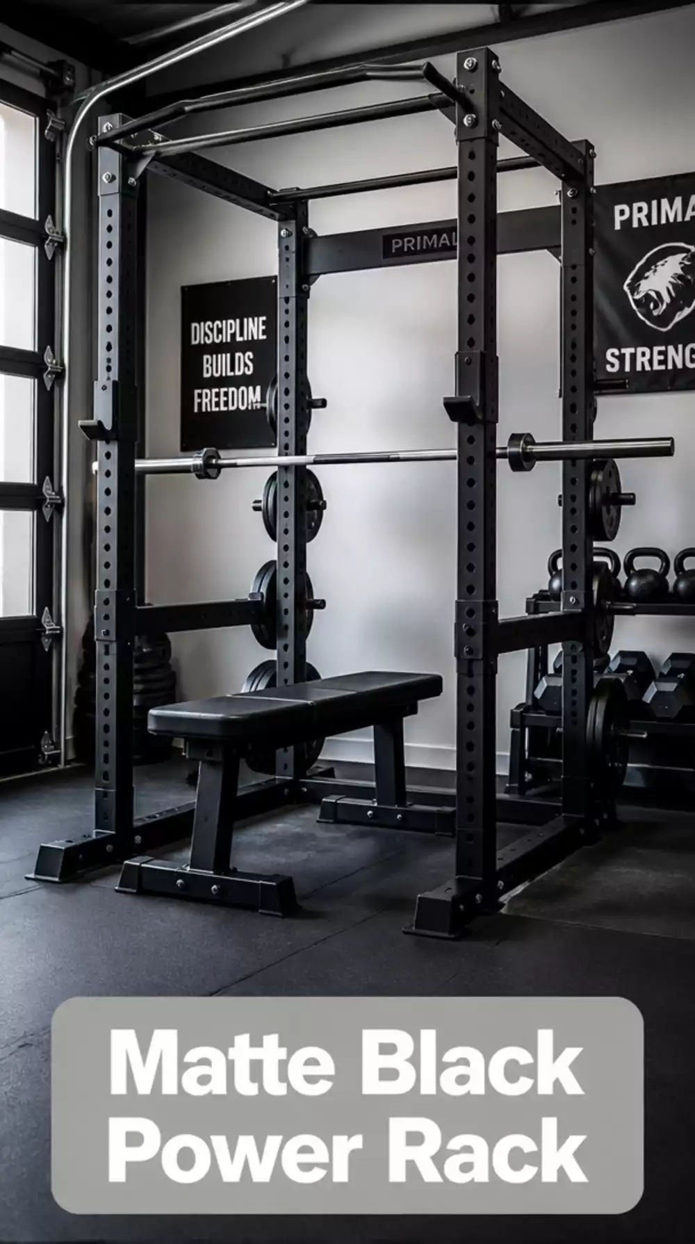 Matte Black Power Rack That Anchors a Modern Garage Gym Design