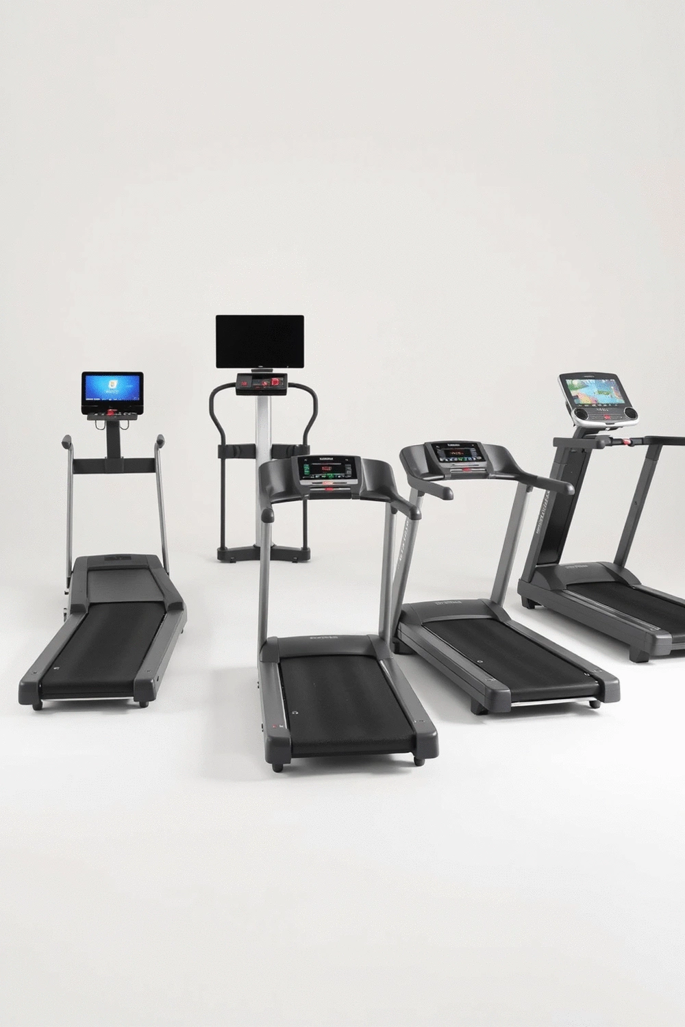 Various treadmill models with different features, such as large screens and robust frames, arranged in a comparison style.