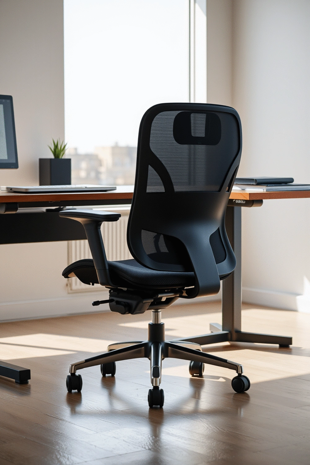 A sleek, modern ergonomic office chair with adjustable features next to a standing desk, showcasing a healthy and productive workspace setup.