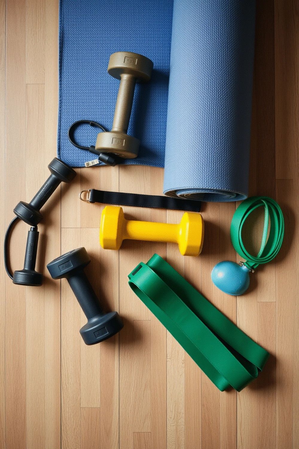 Detailed flat lay of home gym equipment including dumbbells, resistance bands, and a yoga mat, neatly arranged on a clean wooden floor, with soft, natural lighting.