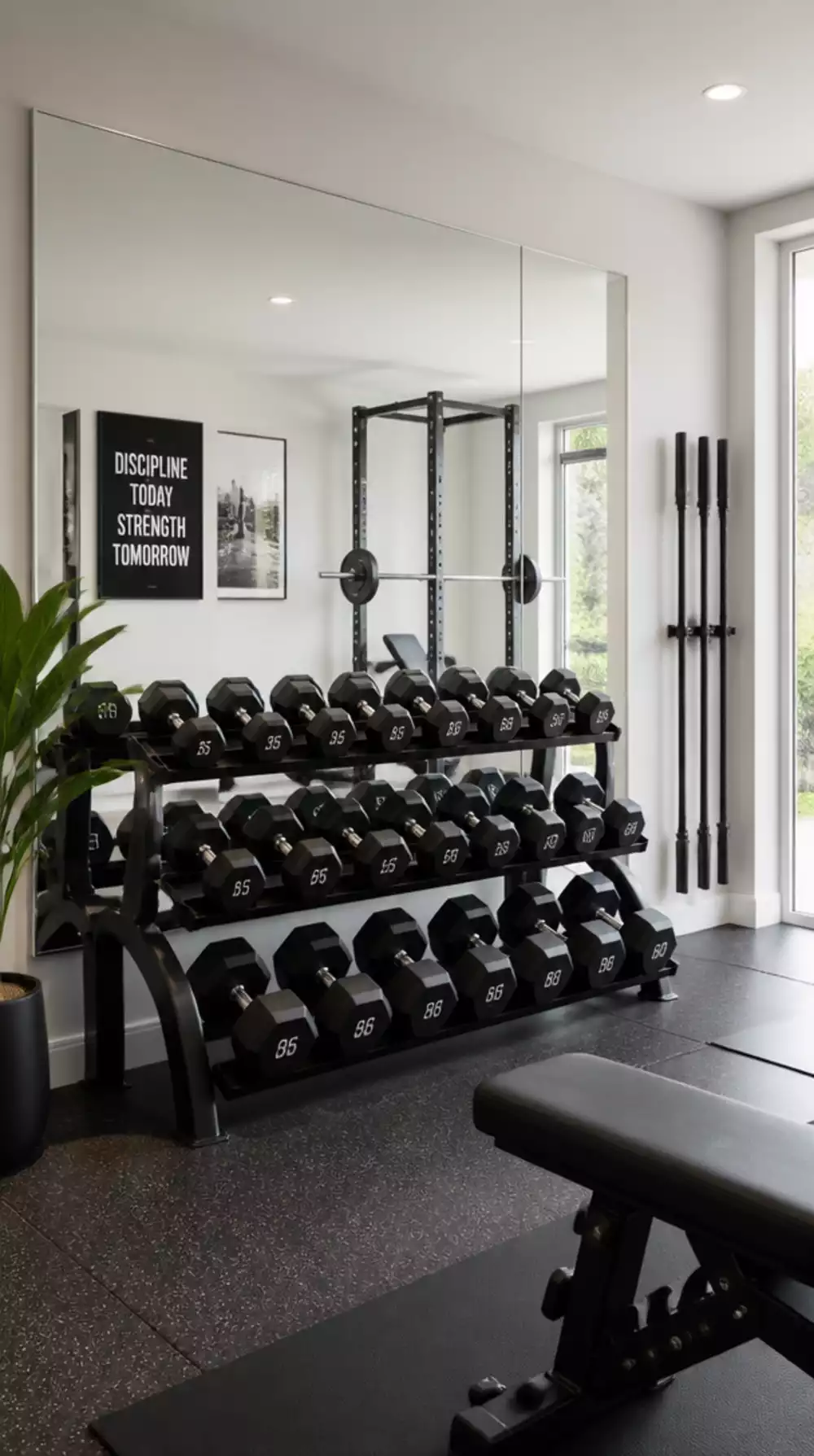 Home Gym Dumbbell Storage with a Mirror Behind That Makes the Wall Look Styled