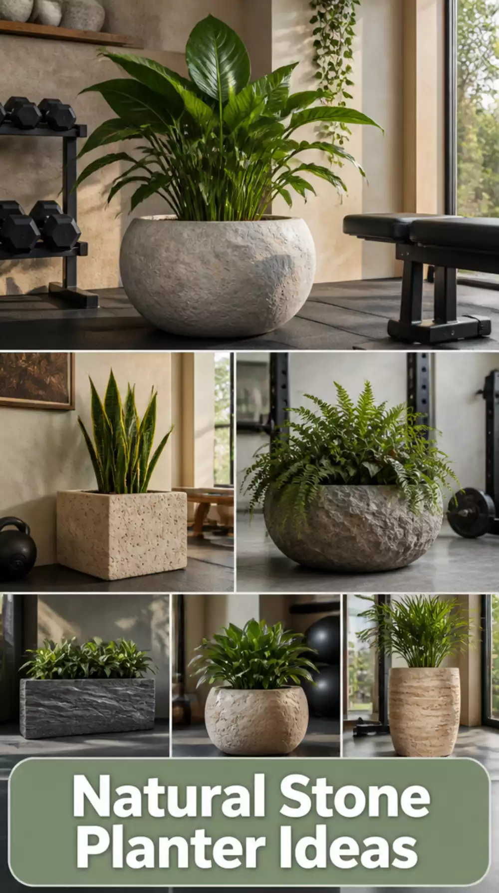 Home Gym Natural Stone Planter That Adds an Earthy Grounding Element to the Room