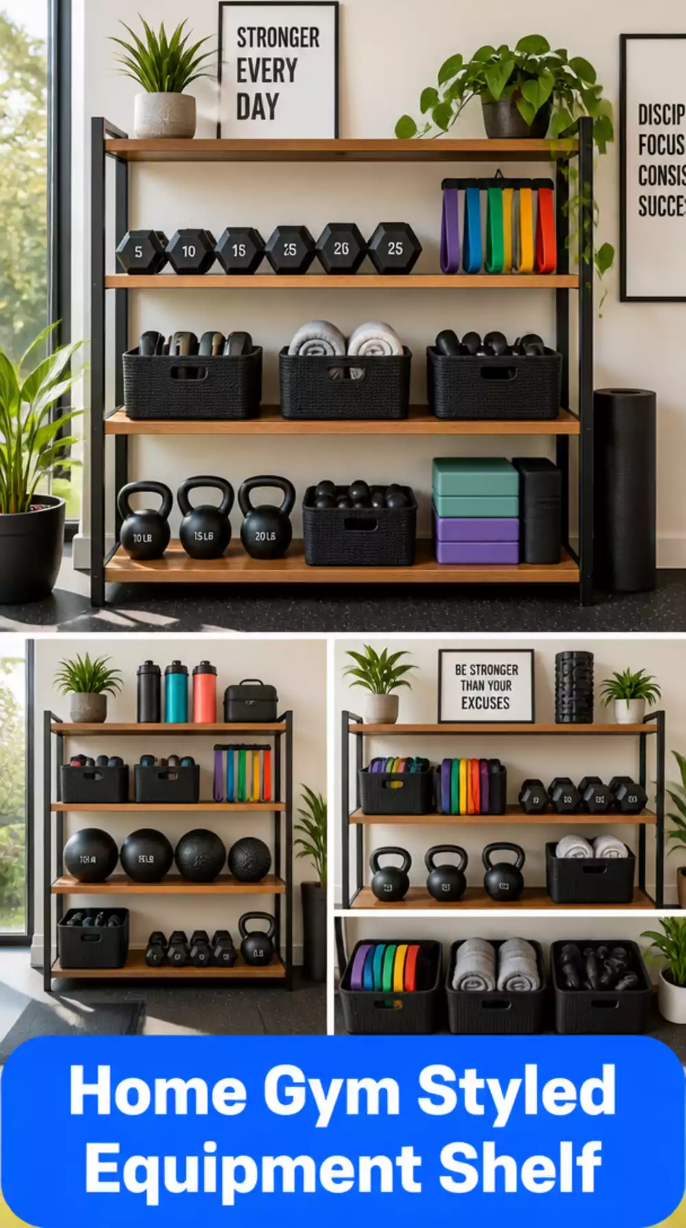 Home Gym Styled Equipment Shelf with Matching Containers for a Uniform Look