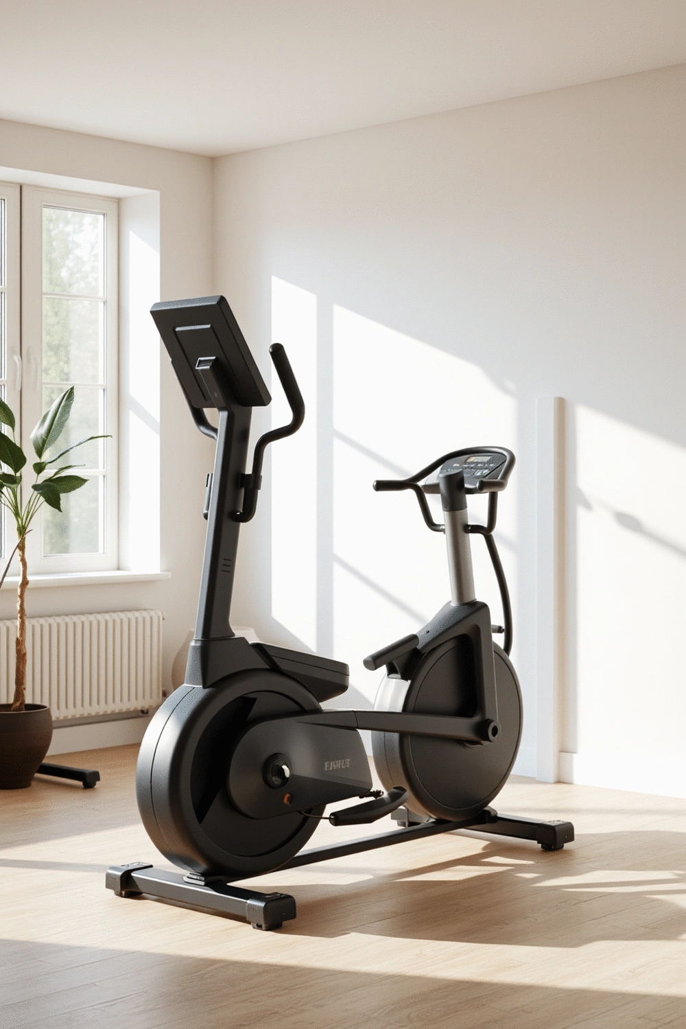 Elliptical machine in a clean, modern home gym setting with natural light