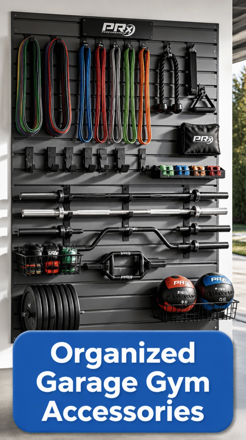 Garage Gym Slat Wall Organizer That Holds Bands, Bars, and Accessories