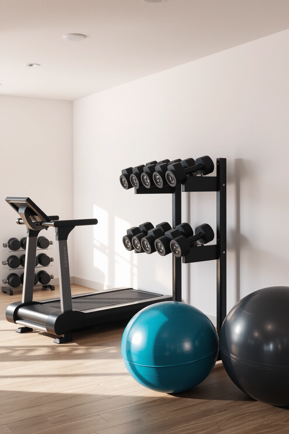Clean and organized home gym space with a treadmill, adjustable dumbbells on a rack, and a stability ball, showcasing efficient space utilization.