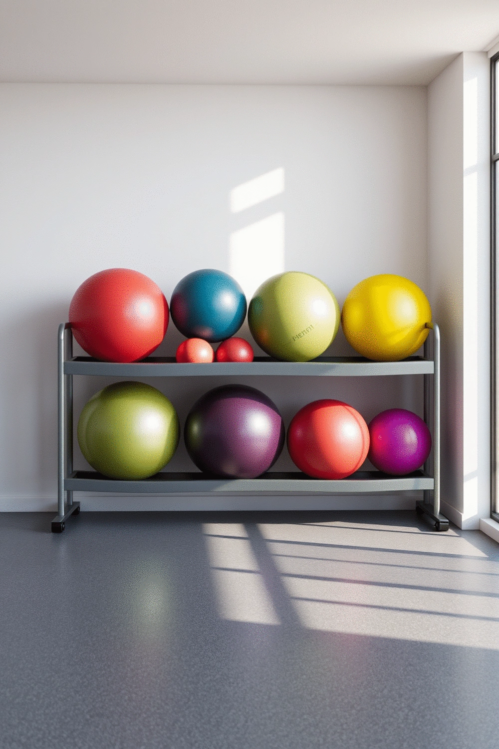 A collection of neatly arranged exercise balls in various sizes and colors, stored on a clean rack in a modern gym, well-lit by natural light.