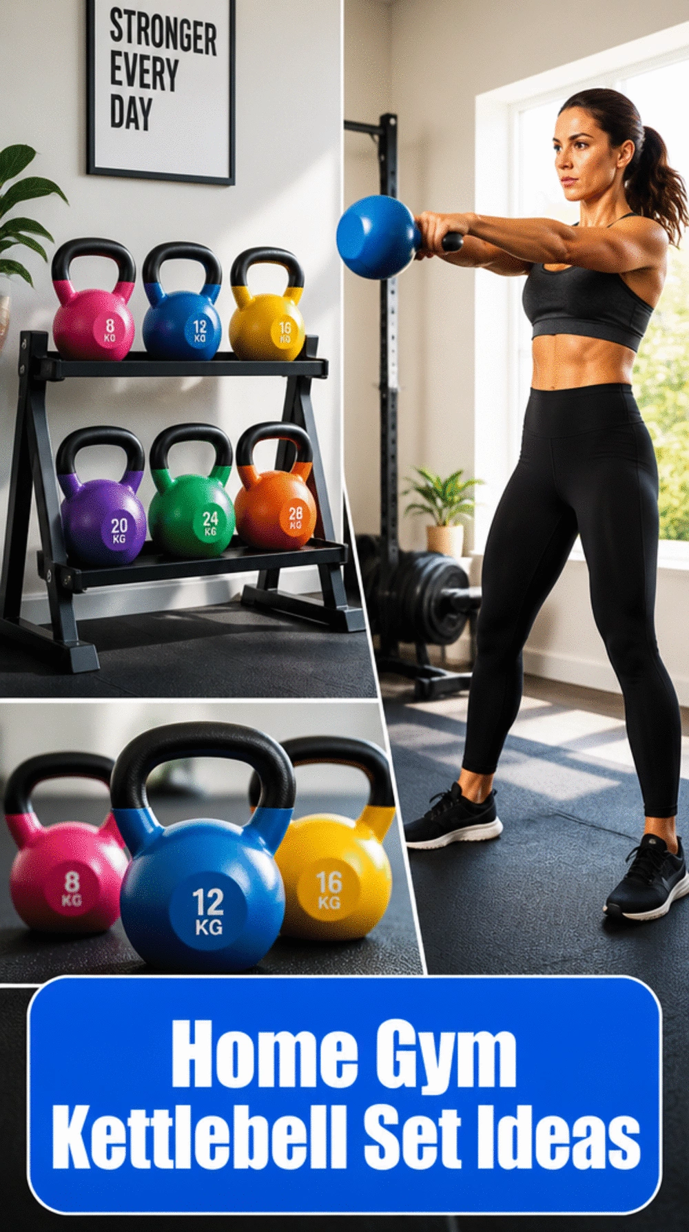 Home Gym Kettlebell Set on a Compact Rack That Covers Cardio and Strength Together