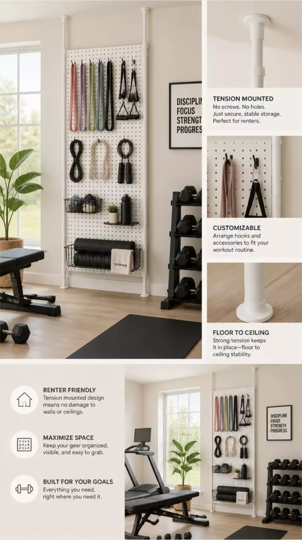 Renter Home Gym Tension-Mounted Pegboard That Holds Hooks Without Wall Screws