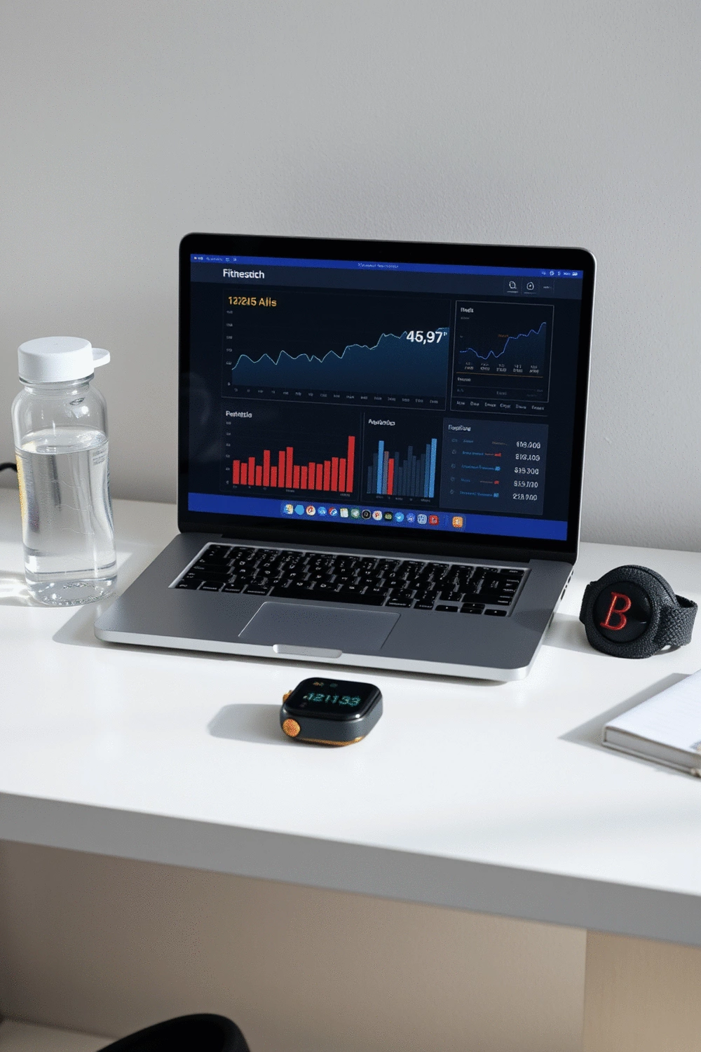 A minimalist desk setup with a laptop displaying fitness analytics, a smartwatch, and a water bottle, symbolizing data-driven health and wellness.