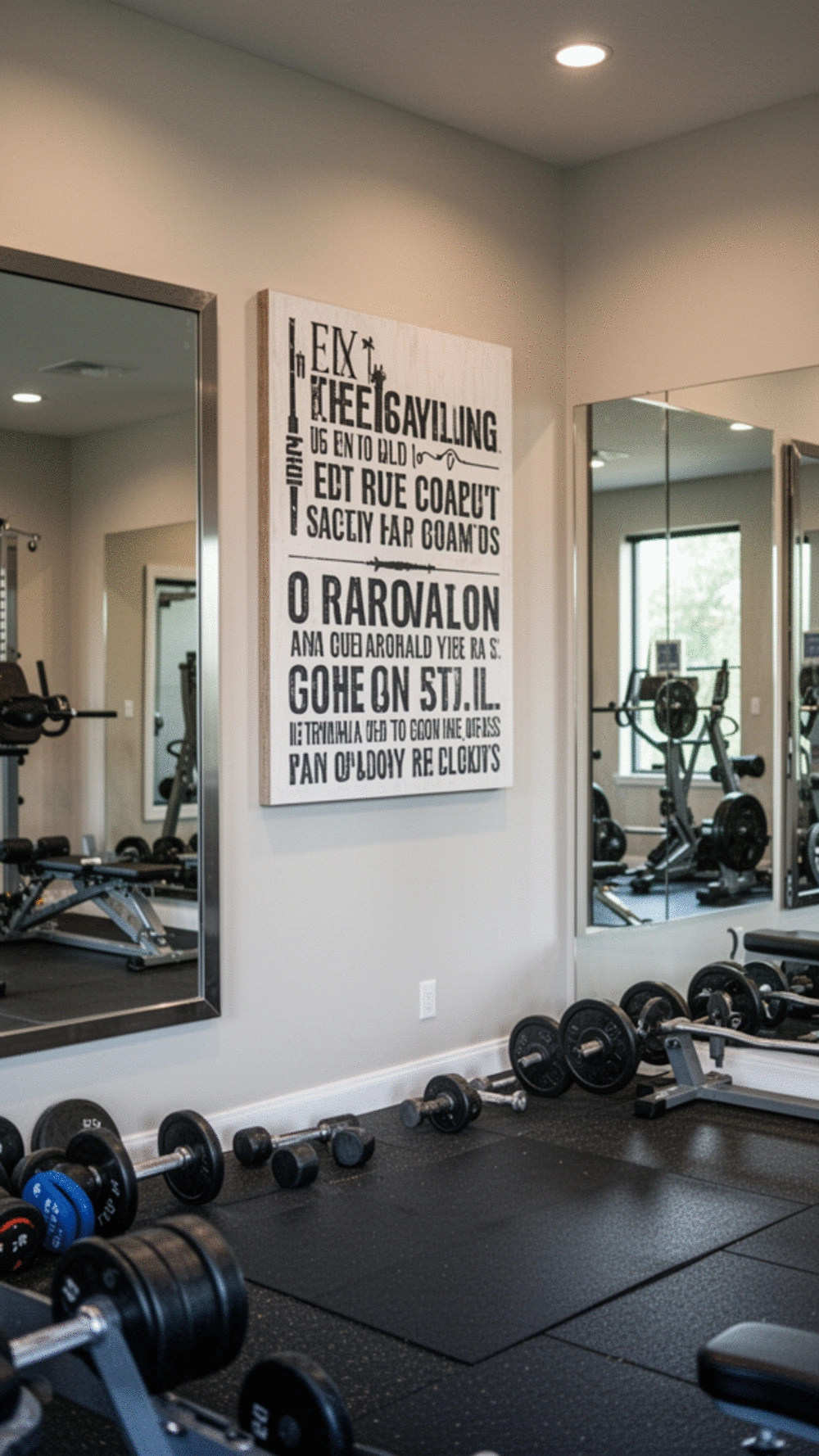 Inspiring Home Gym Atmosphere with Motivational Wall Art and Mirrors
