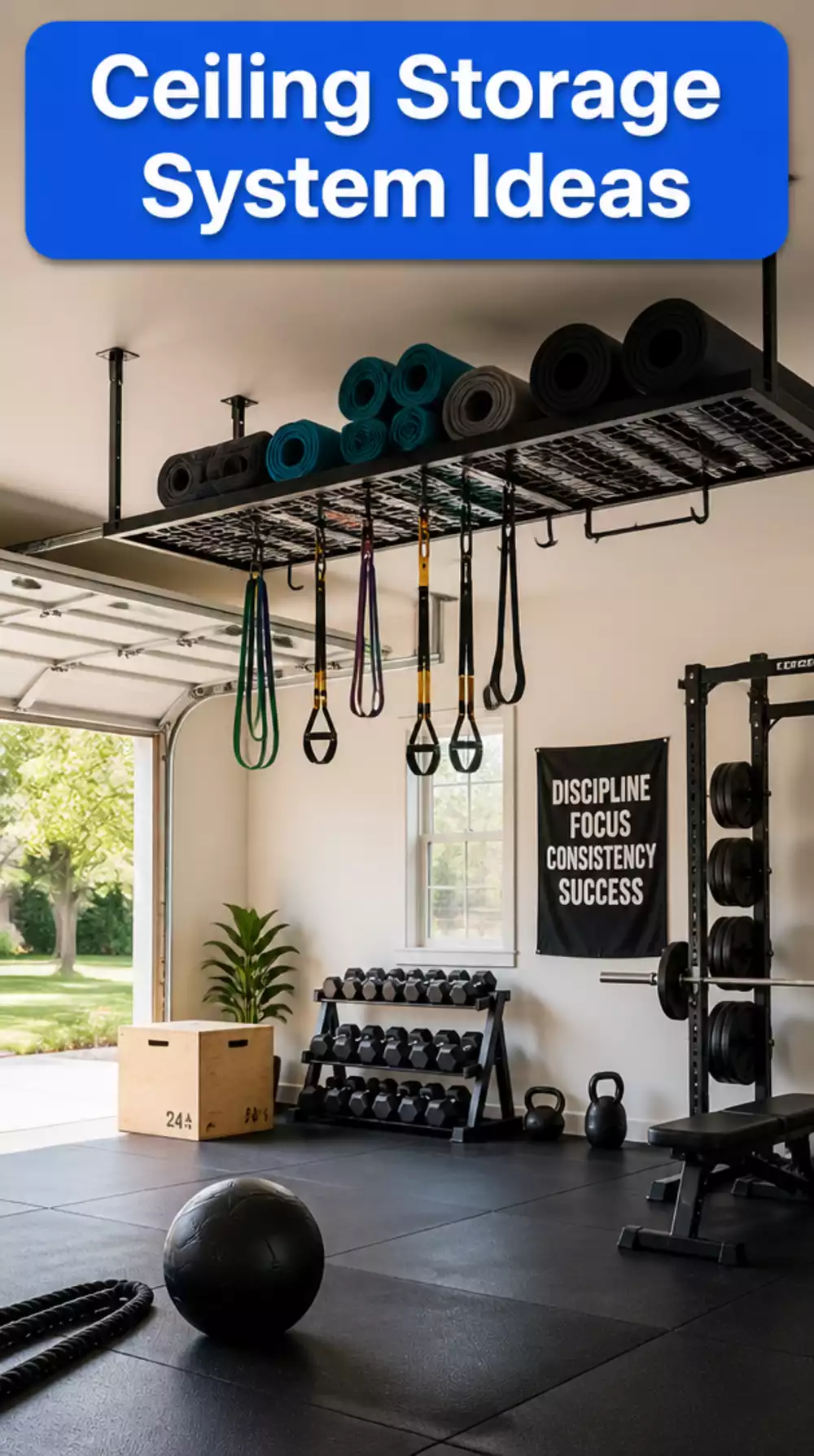 Garage Gym Ceiling Storage System That Keeps the Floor Clear for Training
