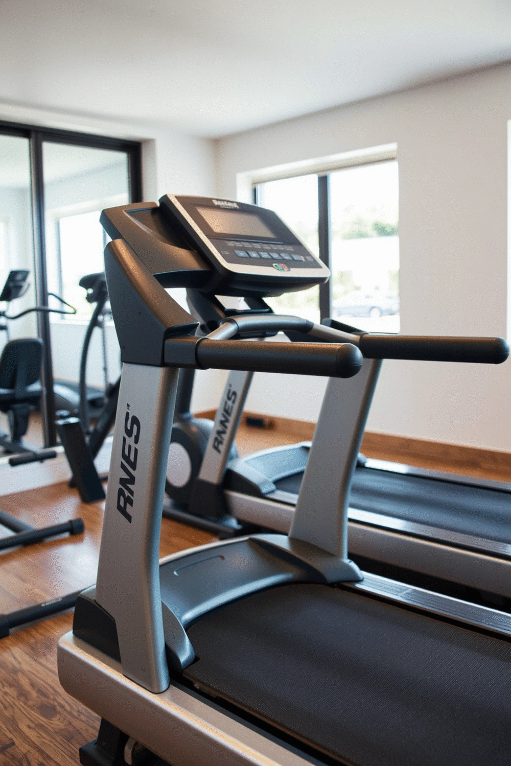 Close-up of a well-maintained, used treadmill in a clean home gym, highlighting its features and condition