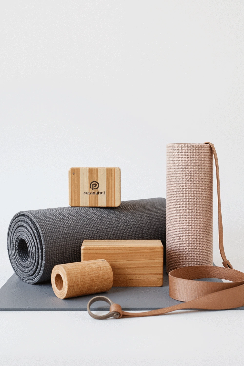 A variety of sustainable and multifunctional fitness equipment, including bamboo yoga blocks, a natural rubber yoga mat, and resistance bands made from recycled materials, arranged aesthetically on a clean background, symbolizing smart and eco-friendly investment choices.