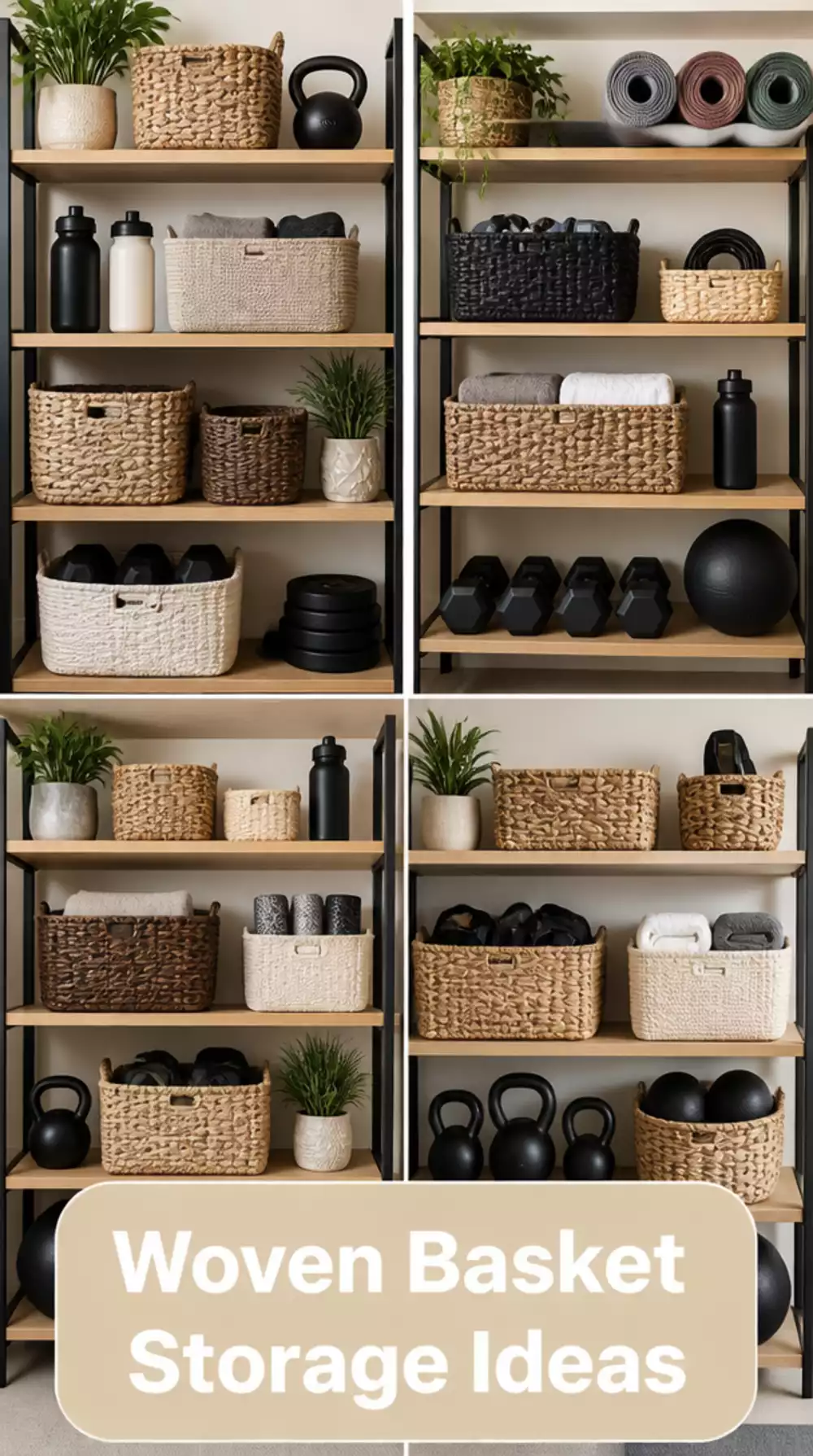 Home Gym Woven Basket on an Open Shelf That Hides Small Accessories Neatly