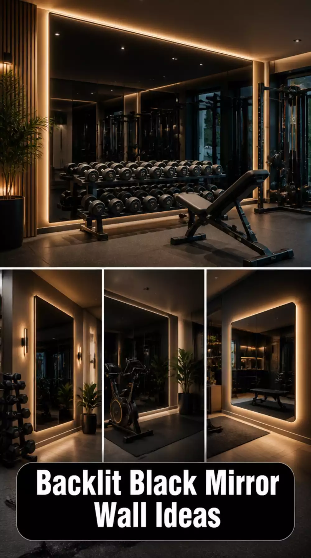 Home Gym Backlit Black Mirror Wall That Creates Dramatic Depth in Any Room