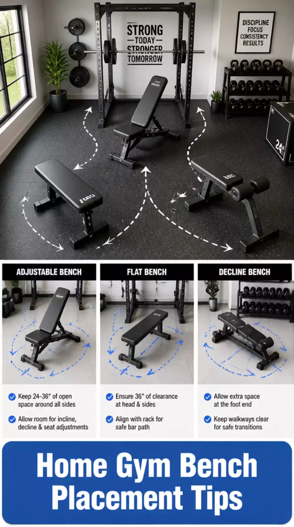 The Home Gym Bench Placement Trick That Leaves Clearance for Every Movement