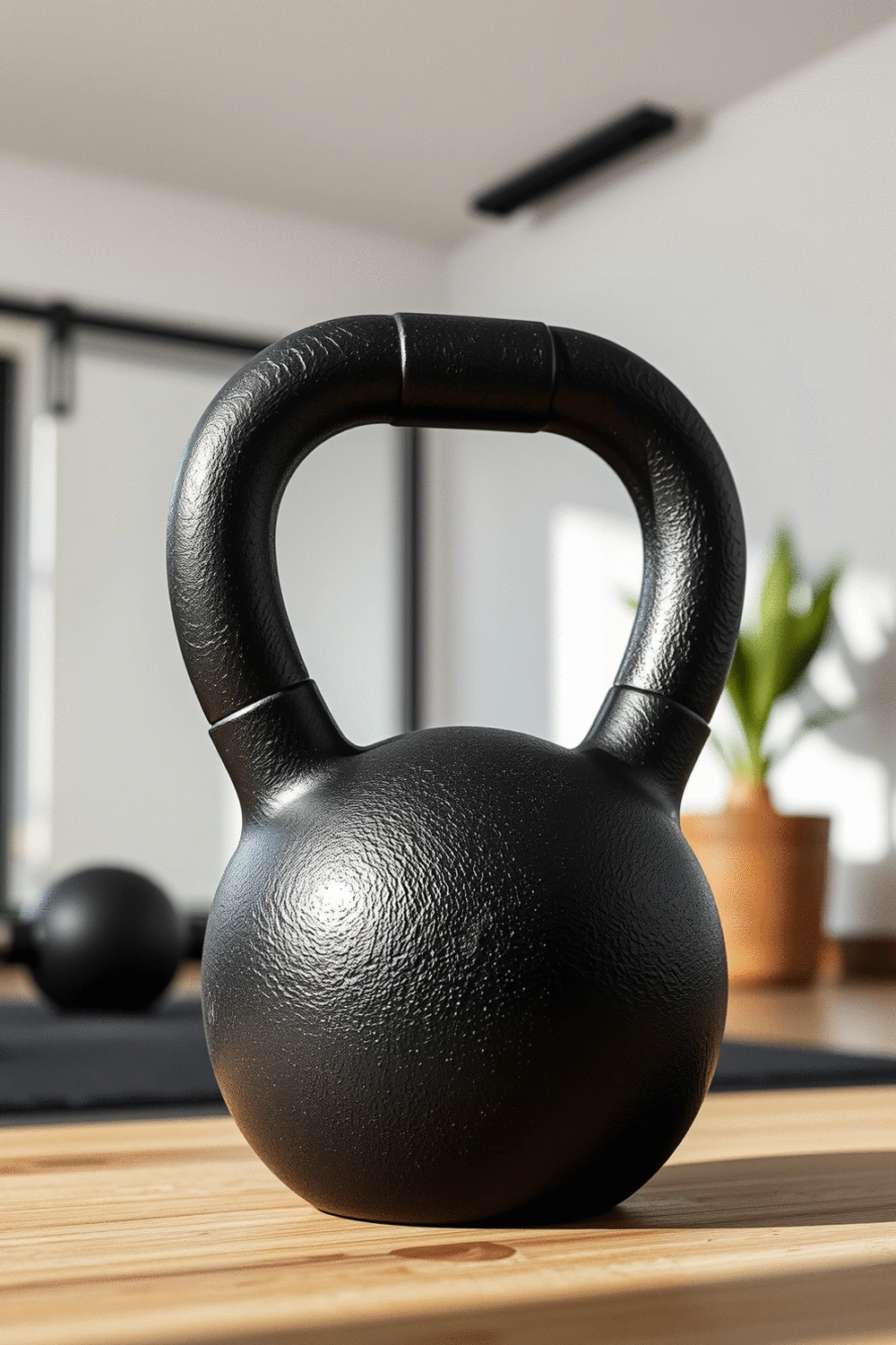 Adjustable kettlebell in a home gym setting with other workout equipment