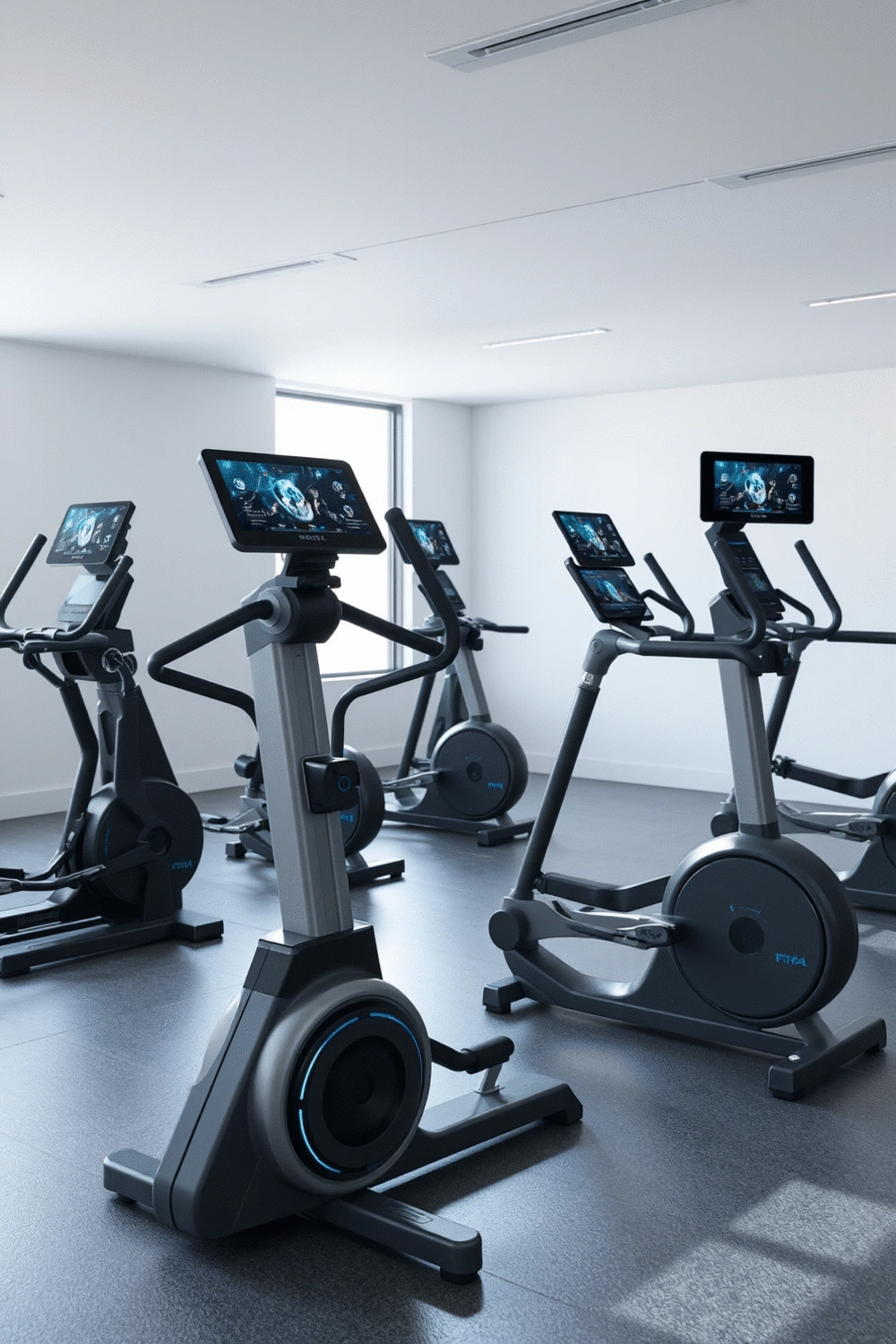 Futuristic fitness equipment with integrated AI displays and VR headsets in a minimalist gym setting, showcasing smart technology.