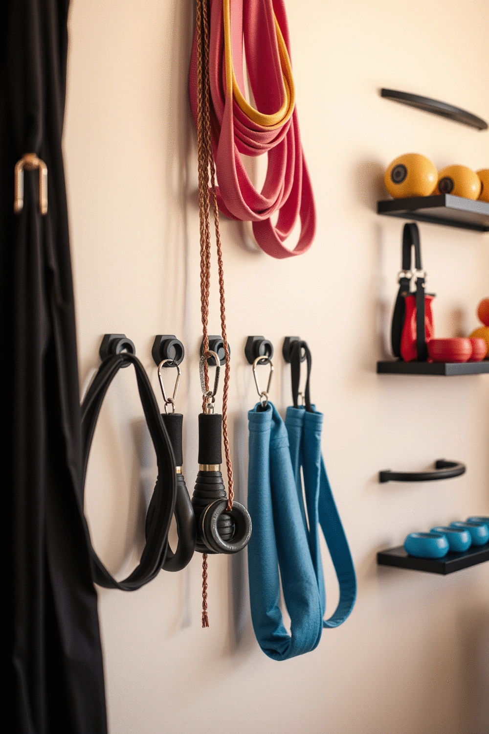 Close-up of various fitness accessories like resistance bands, jump ropes, and small weights neatly arranged on wall-mounted hooks and shelves.