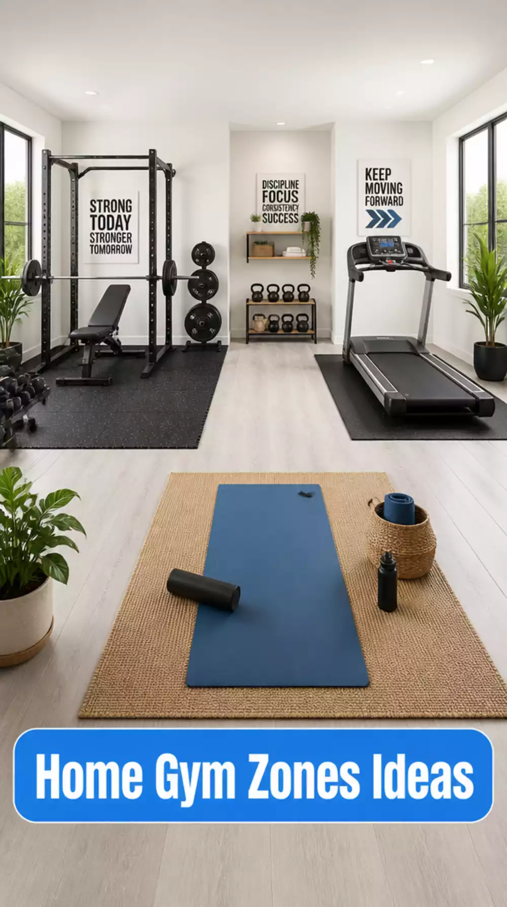 Home Gym Floor Plan Using Zones for Lifting, Stretching, and Cardio Separately