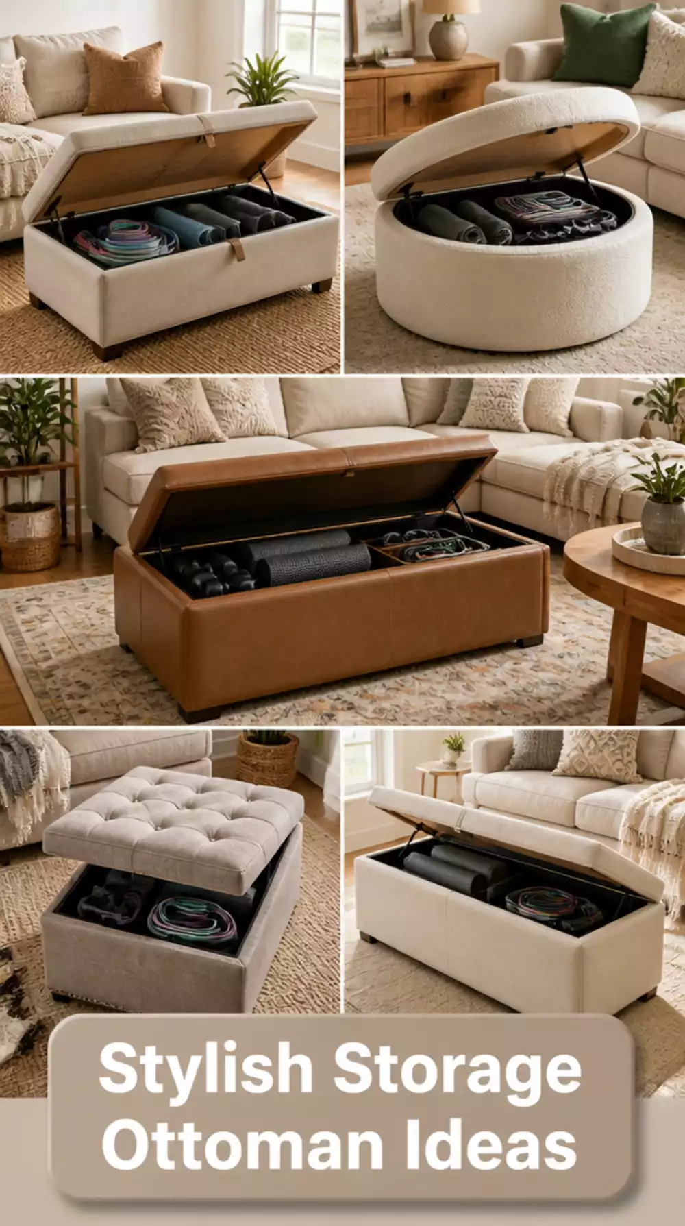 Living Room Home Gym Storage Ottoman That Hides Resistance Bands and Mats