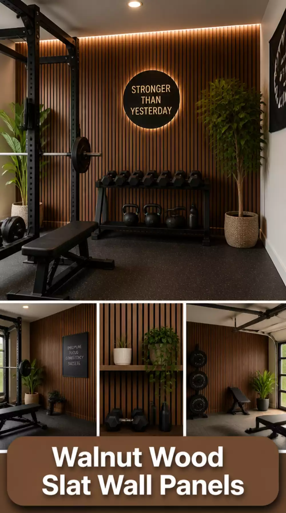 Walnut Wood Slat Wall Panels That Make a Garage Gym Look Upscale