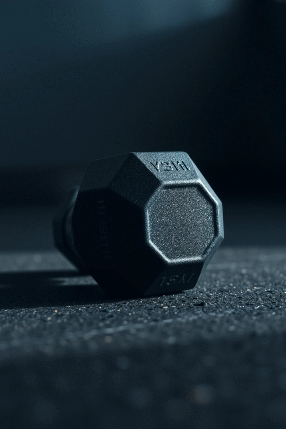 Close-up of a single hex dumbbell on a textured gym floor, emphasizing safety and proper equipment.