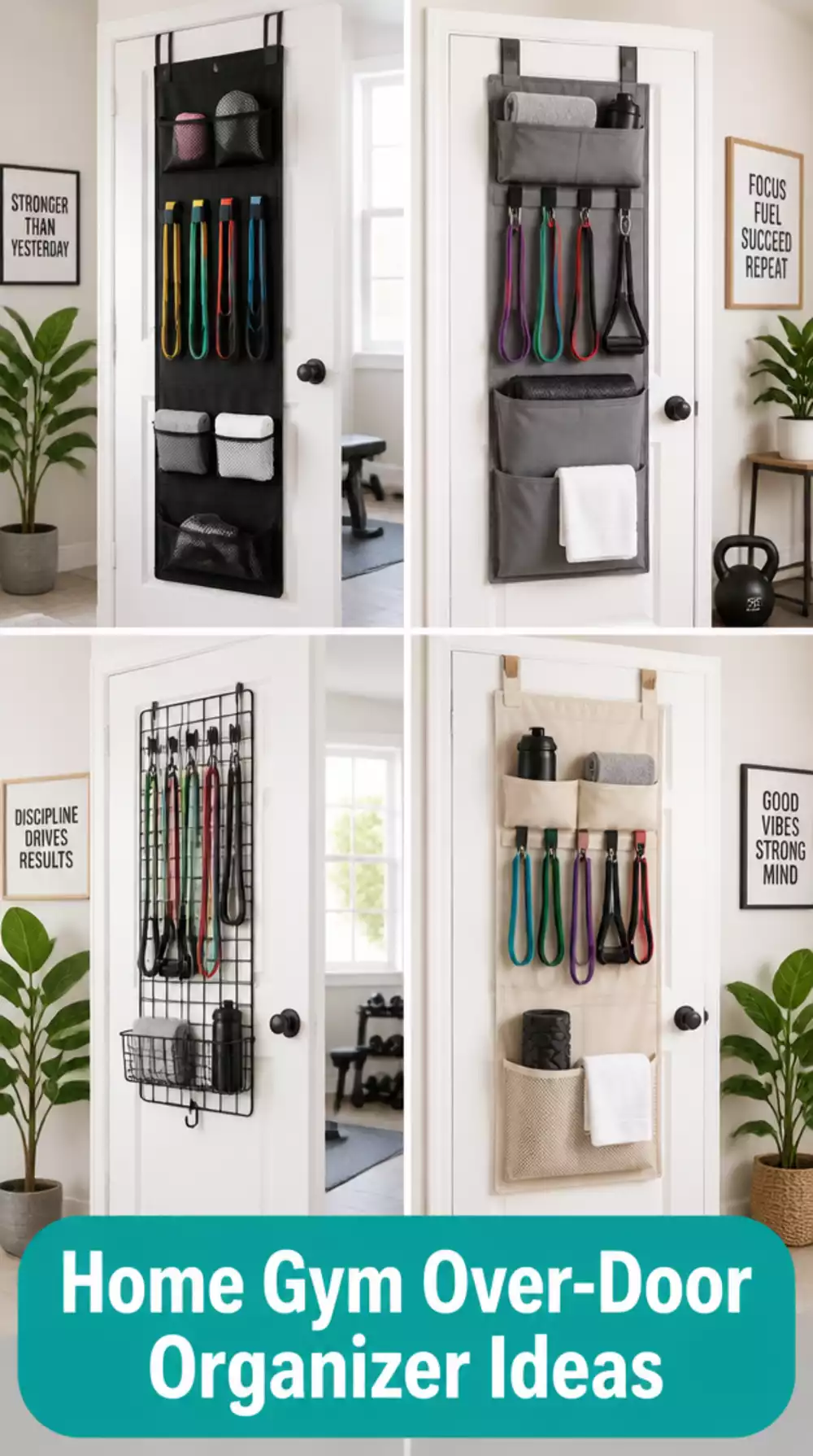 Home Gym Over-Door Organiser That Uses Door Space for Resistance Bands and Towels