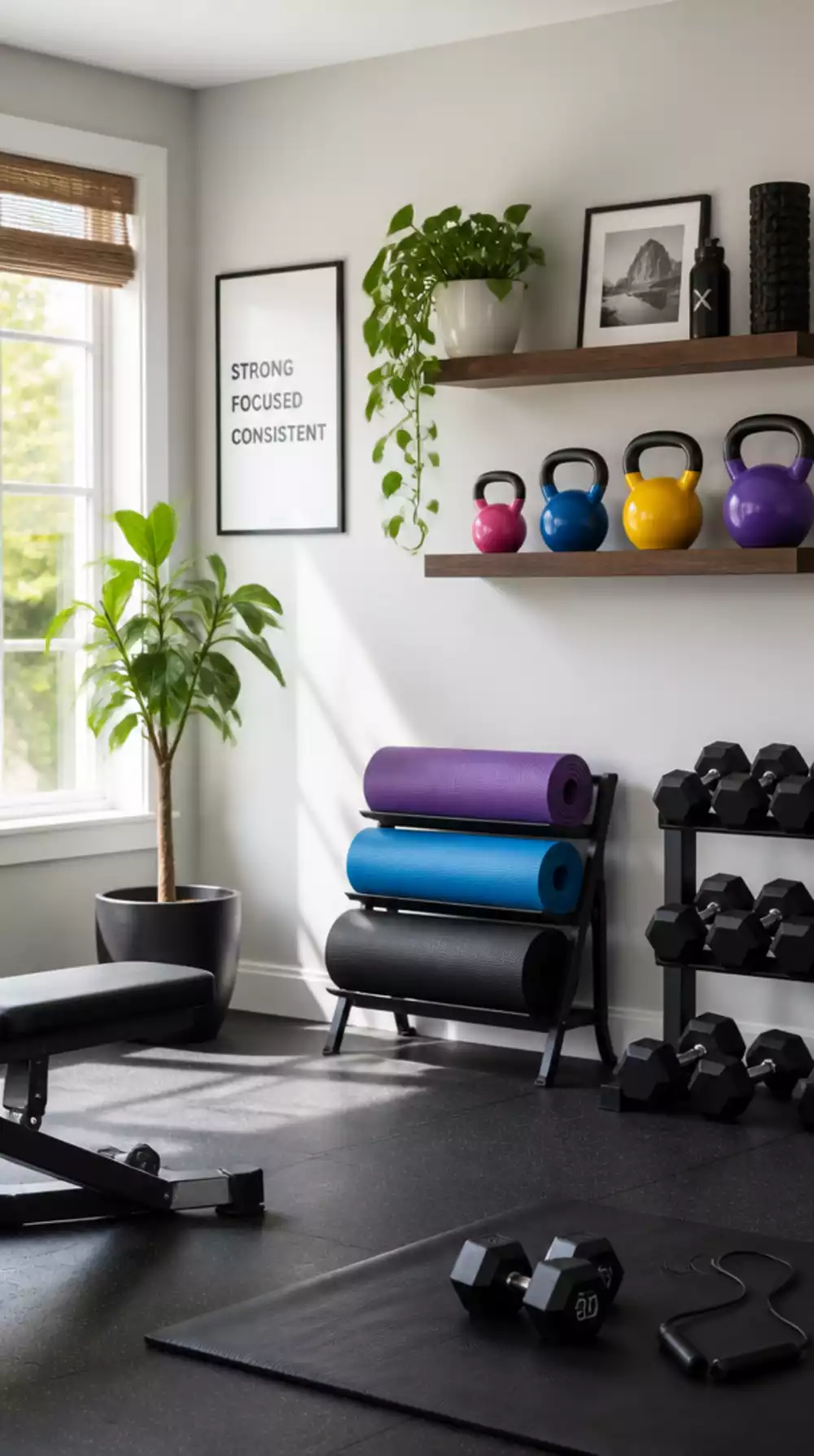 Home Gym Floating Wall Shelf That Displays Equipment and Keeps the Floor Clear