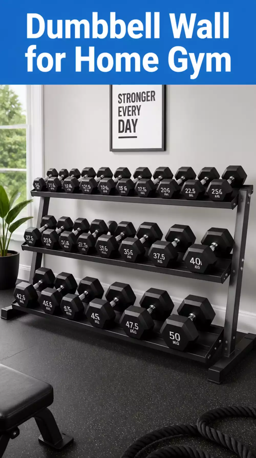 Home Gym Dumbbell Wall from Five to Fifty Kilograms on a Tiered Steel Rack