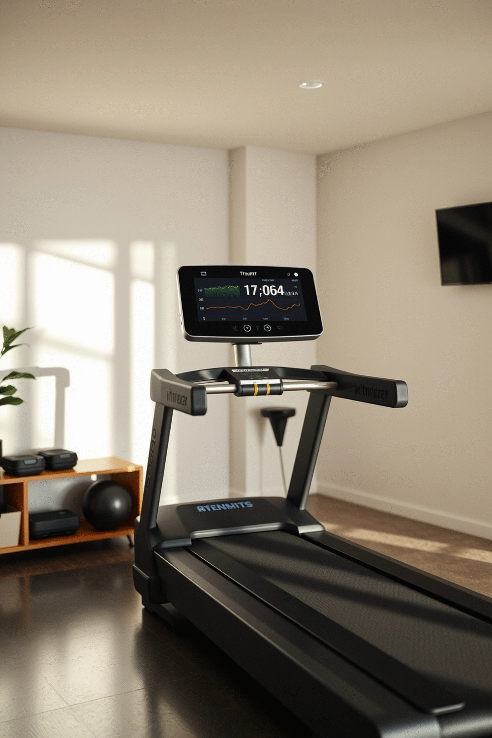 Modern smart treadmill with an integrated screen displaying workout metrics in a clean, minimalist home gym setting.