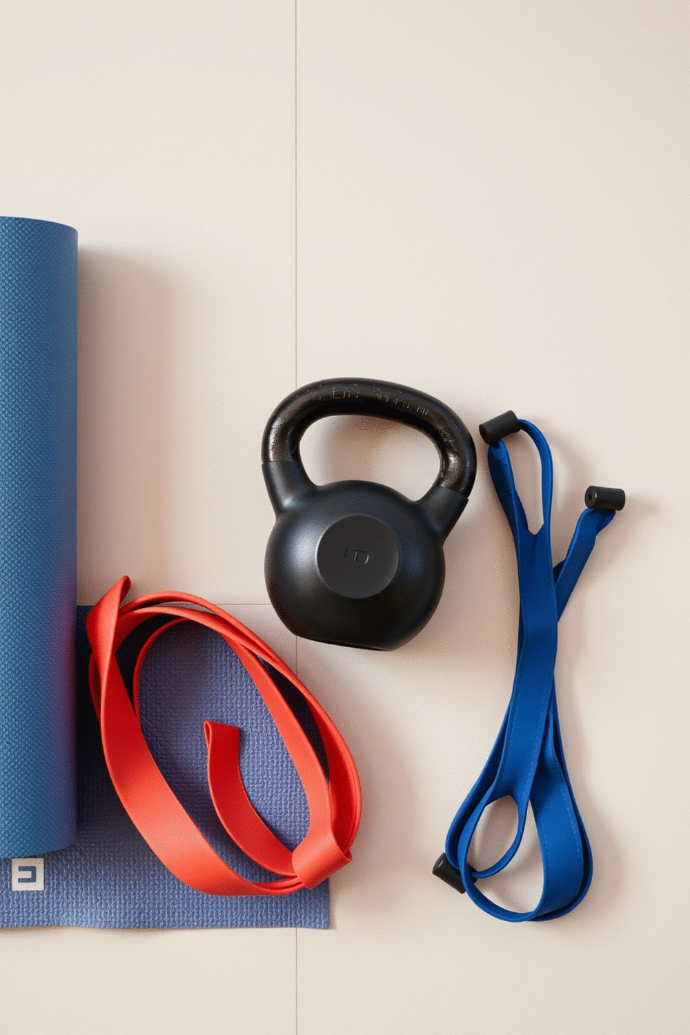 Arrangement of various fitness equipment in a clean, minimalist home gym, no people