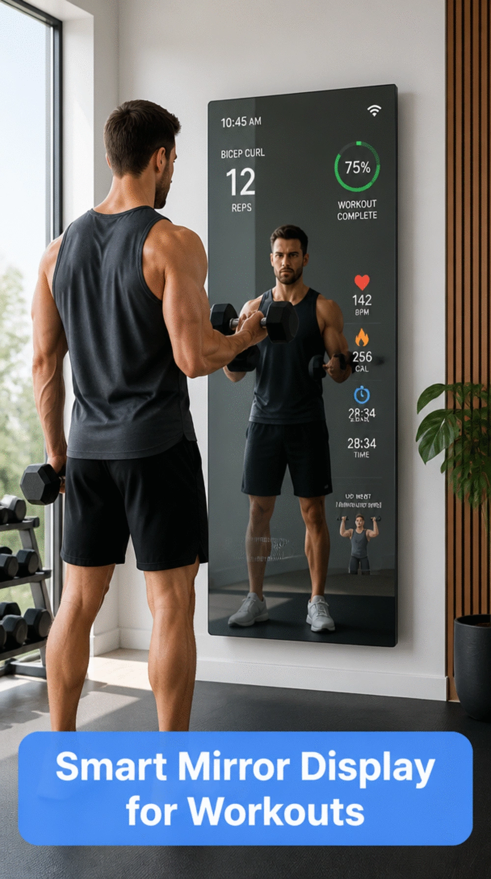 Home Gym Smart Mirror Display That Shows Workouts, Metrics, and Form Cues