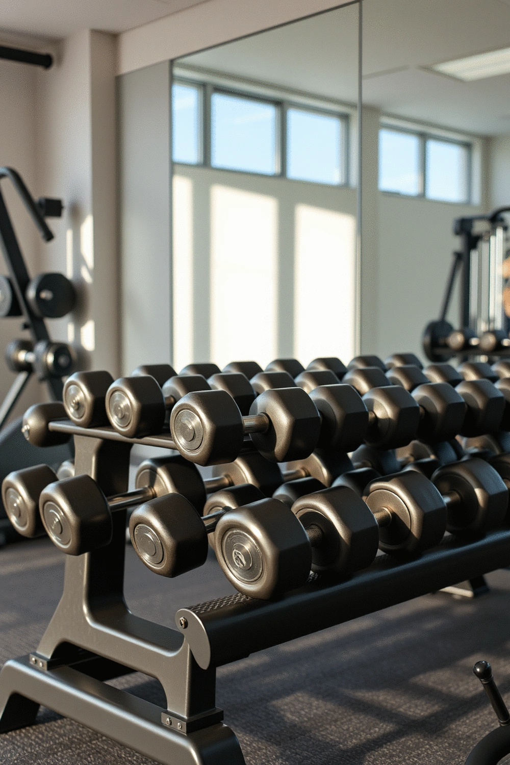 Variety of fixed dumbbells organized on a rack in a home gym setting, with natural light filtering in.