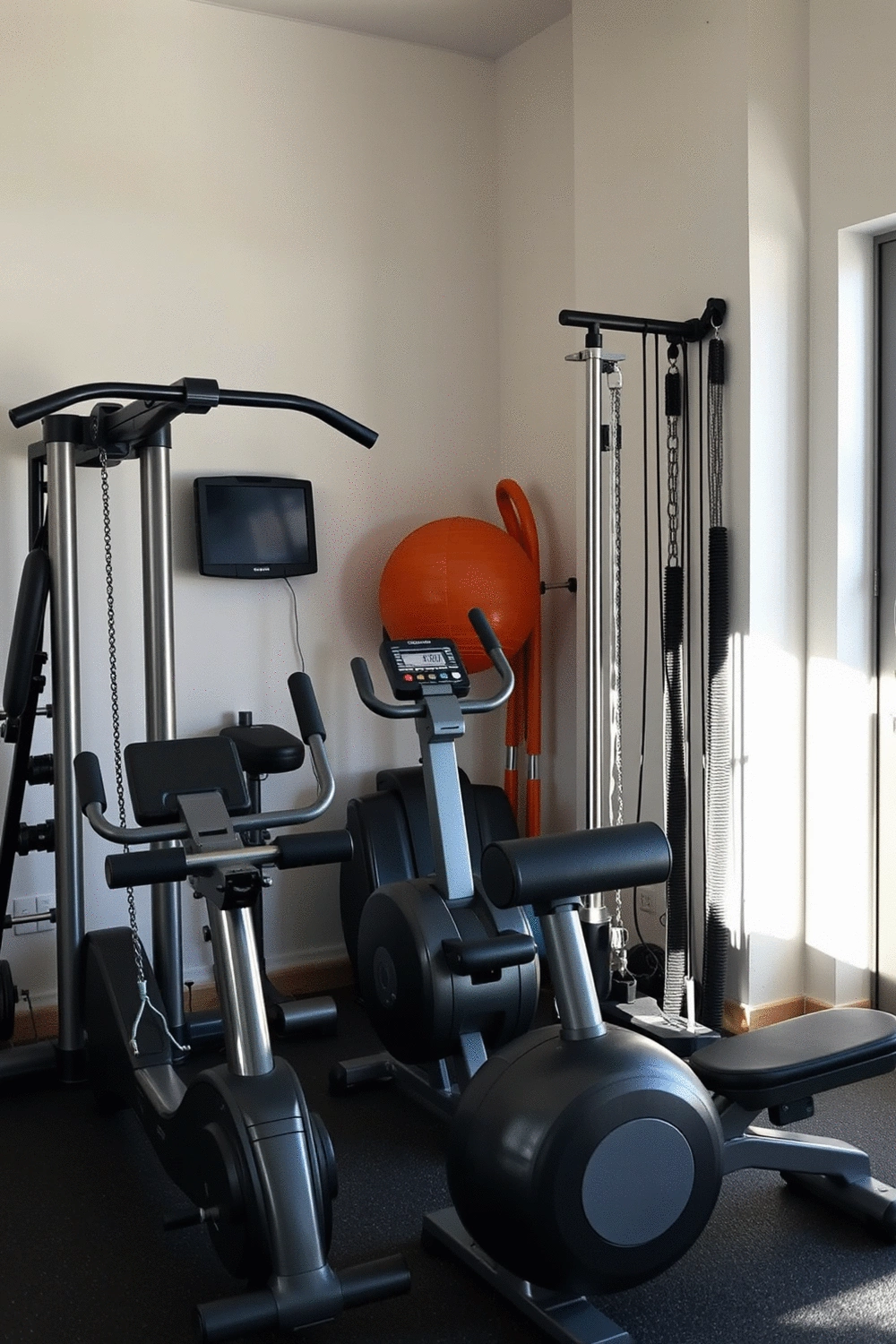 Various pieces of second-hand gym equipment arranged neatly in a home gym setting