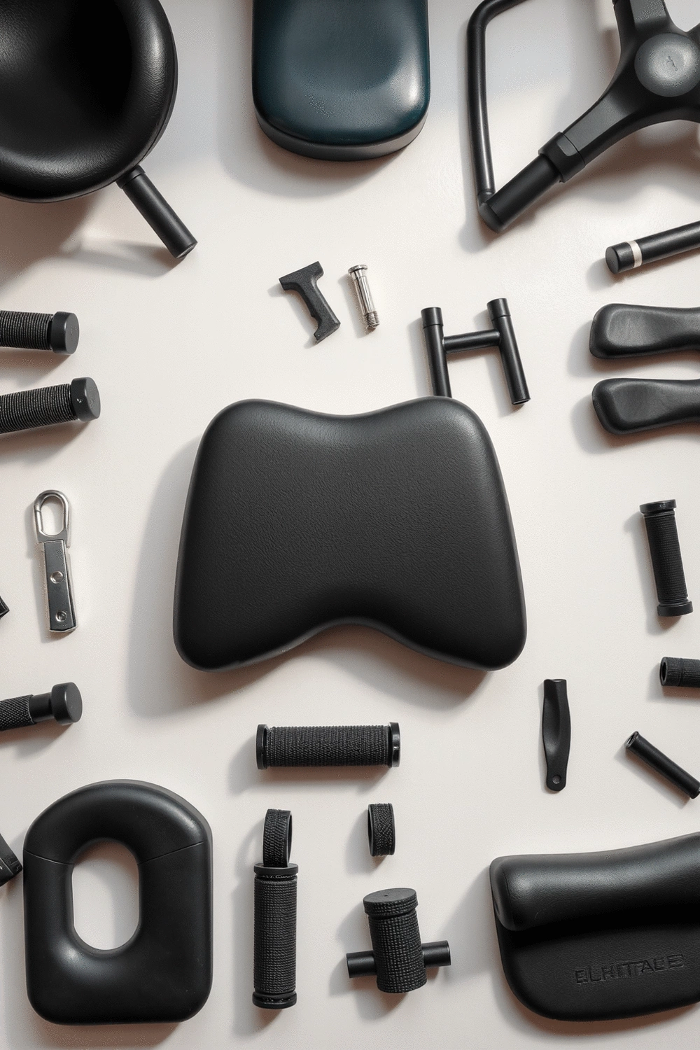 Various ergonomic fitness equipment components, such as adjustable seats, textured grips, and padded supports, arranged on a clean background.