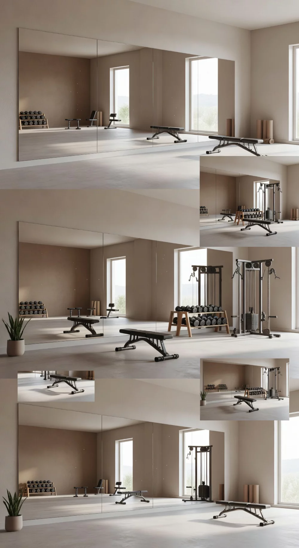 Home Gym Full-Length Frameless Mirror Panel That Covers an Entire Wall